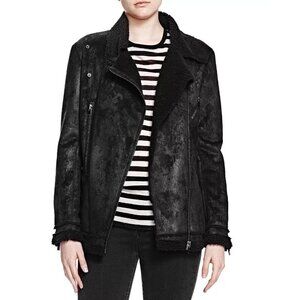 THE KOOPLES Black Faux Leather Shearling Motorcycle Moto Jacket, Size S